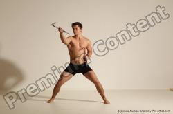 Underwear Fighting with axe Man White Muscular Short Brown Dynamic poses Academic